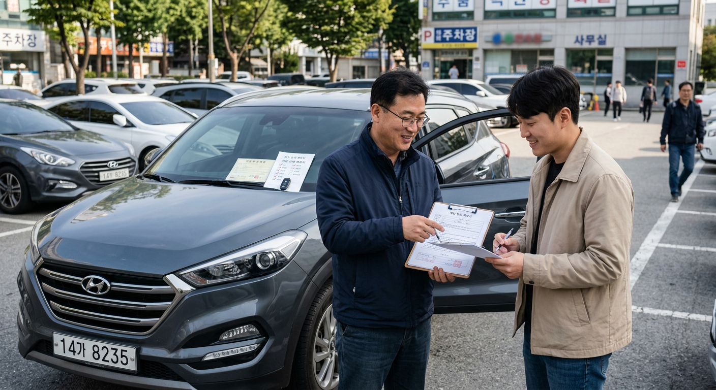 승계 완료 후 차량 인도인과 인수인이 만나 차량 상태를 확인하고 서류를 최종 점검하는 모습