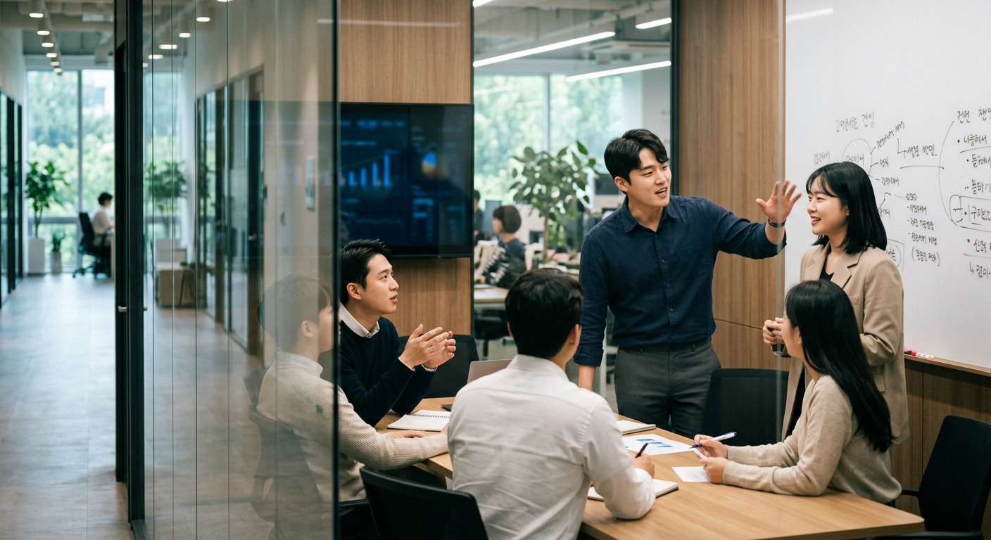 모던한 오피스 회의실 유리창 너머로 비치는 젊은 창업가들의 열정적인 토론 모습