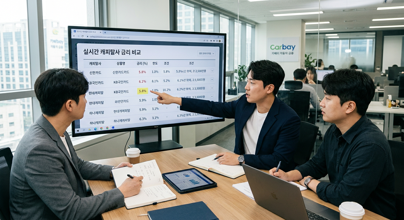 카베이 전담 자동차 금융 컨설턴트들이 모니터 화면의 실시간 캐피탈사 금리 비교 데이터를 검토하며 회의하는 모습