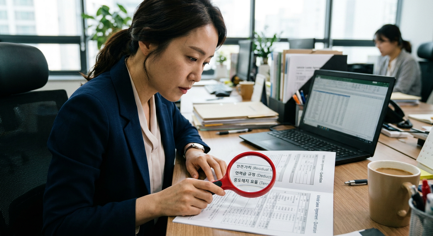 견적서 상의 잔존가치, 면책금 규정, 중도해지 요율이 적힌 영역을 빨간색 돋보기로 강조하여 보여주는 예시화면